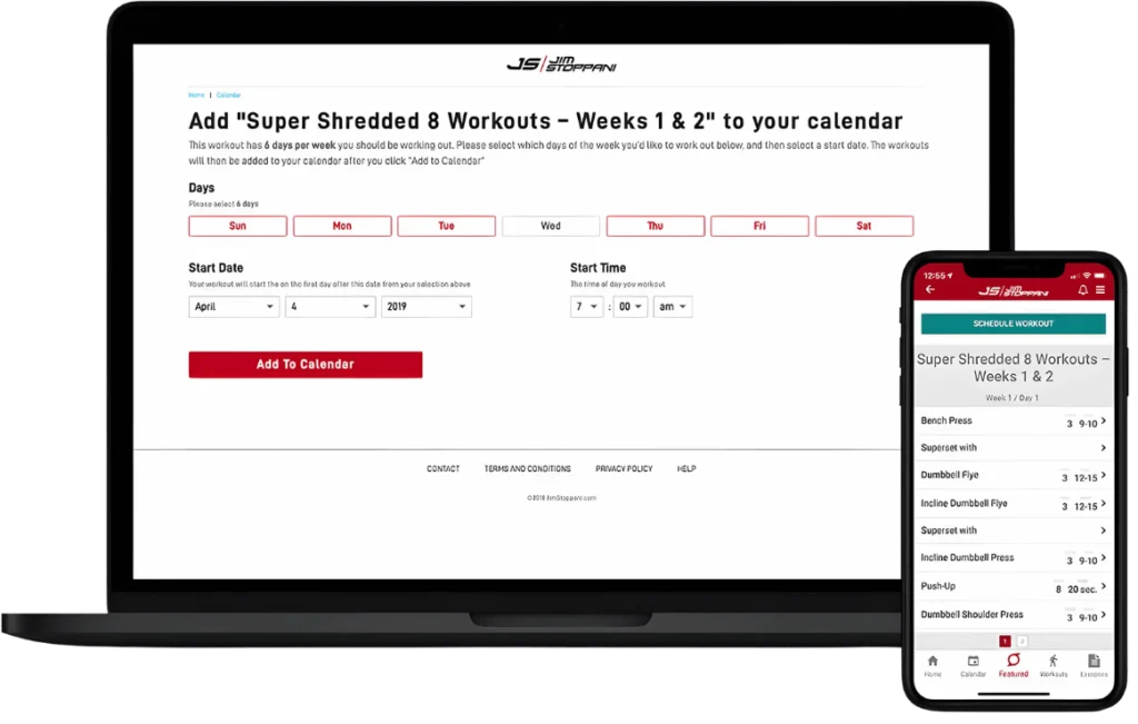 A black laptop screen displays the "Add 'Super Shredded 8 Workouts - Weeks 1 & 2' to your calendar" page on the Jeff Seid website. There are fields for selecting start date and time, with a red "Add to Calendar" button below. A smartphone with the same page displayed rests beside the laptop.