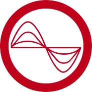 A red circular border surrounds an abstract design with overlayed curved lines resembling waveforms in the center. The background within this circular border is white.