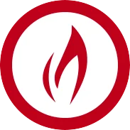 A red flame symbol within a white circle, bordered by a thick red ring. The flame is stylized and consists of two curved shapes. The background is transparent.