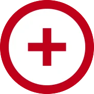 A red cross symbol is centered inside a white circle, which is bordered by a thick red ring. The design resembles a medical or emergency aid emblem. The background outside the red ring is black.